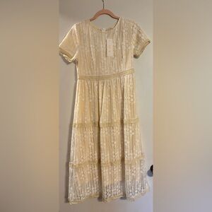 Petallush Cream Lace Tiered Midi Dress with Embroidered Panels